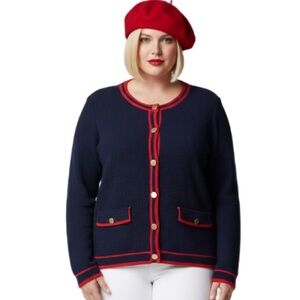 St. John’s Bay Thick Knit Red Trim Navy Blue Long Sleeve Gold Button Luxury Top